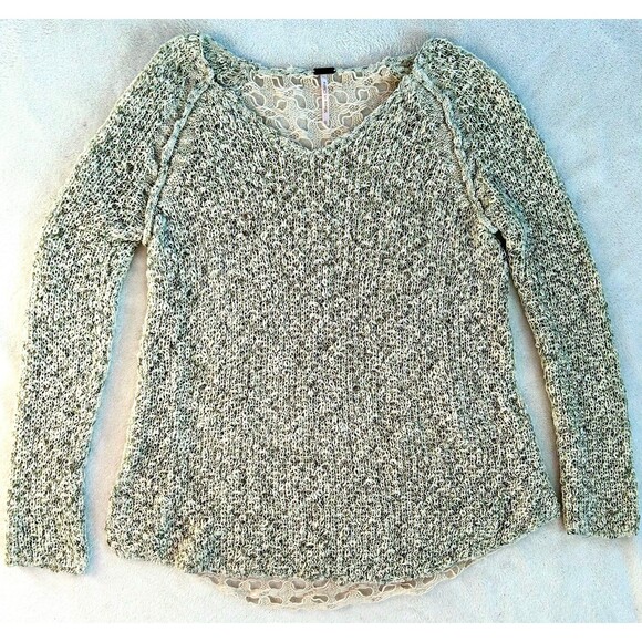Poof! Heathered Green V-Neck Sweater with Open Knit Back size S Semi-sheer - Picture 2 of 6